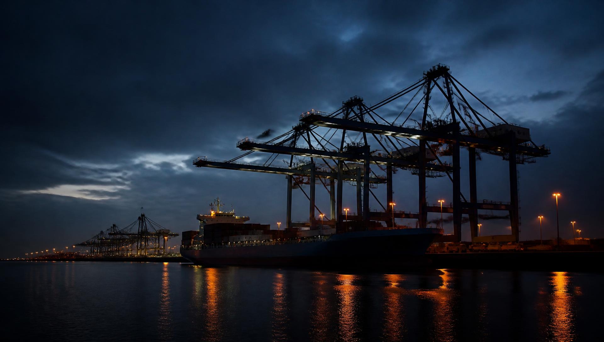 Port of Rotterdam container terminal at blue hour